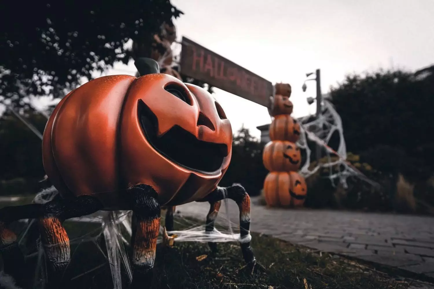 Halloween Street Transformation: Spooky Decor Takes Over the Neighborhood A residential street fully decorated for Halloween with illuminated jack-o'-lanterns, hanging ghosts, spider webs on trees, and creative yard displays under a twilight sky