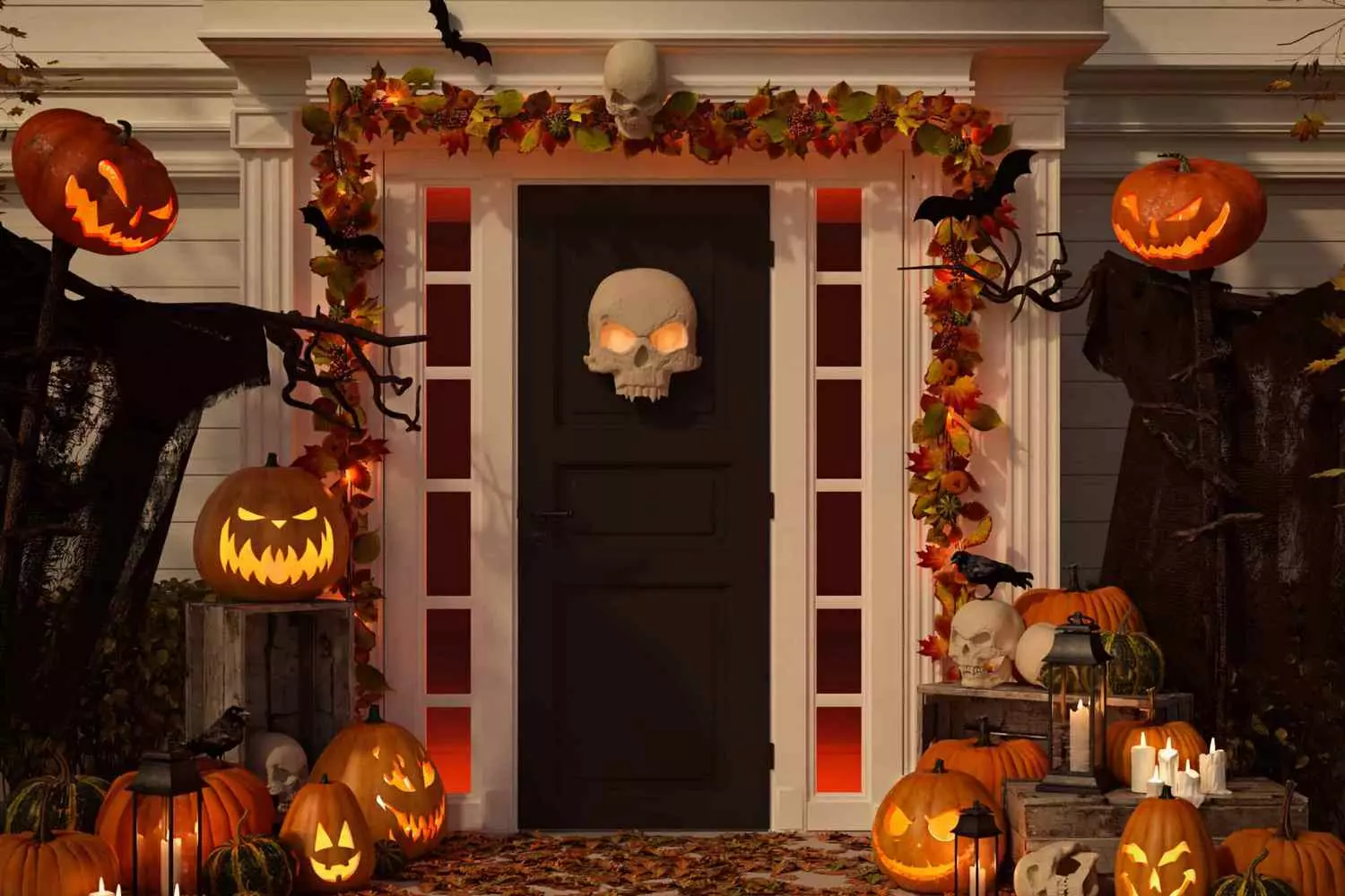 Ultimate Halloween House: Spooktacular Decorations & Lights A lavishly decorated house for Halloween with orange lights, giant spiders, cobwebs, jack-o'-lanterns, and spooky silhouettes in the windows, creating a festive haunted atmosphere