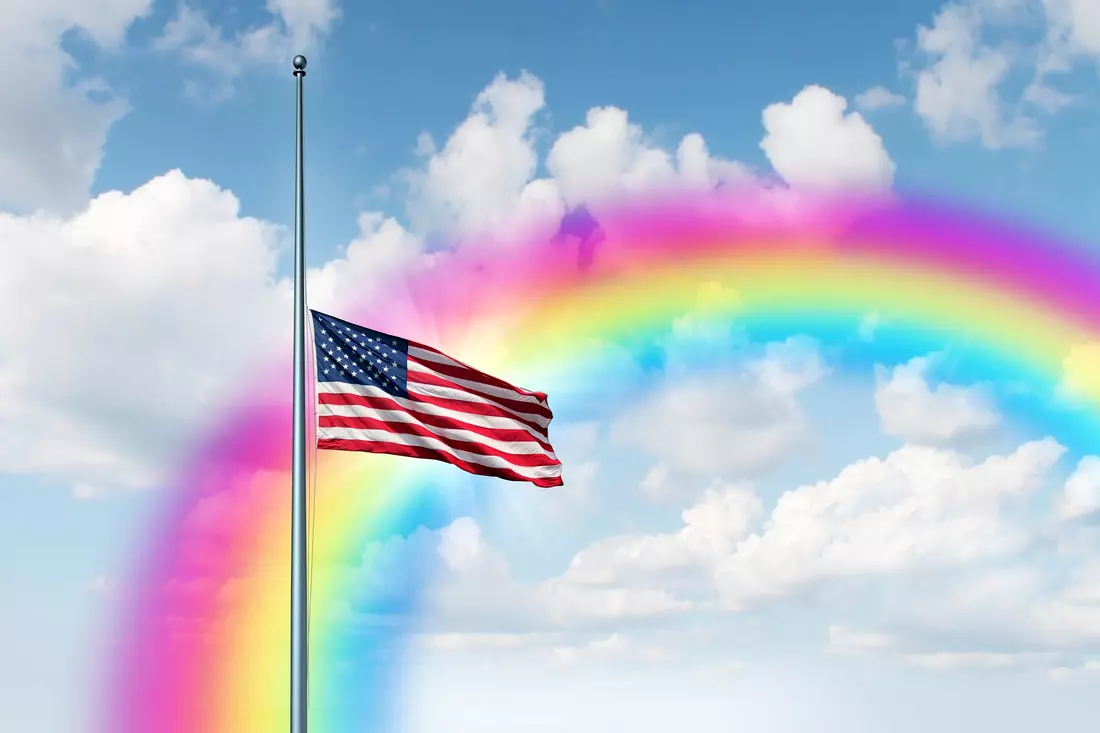 An American flag with a rainbow, symbolizing the influence of the LGBT movement on subcultures in the United States