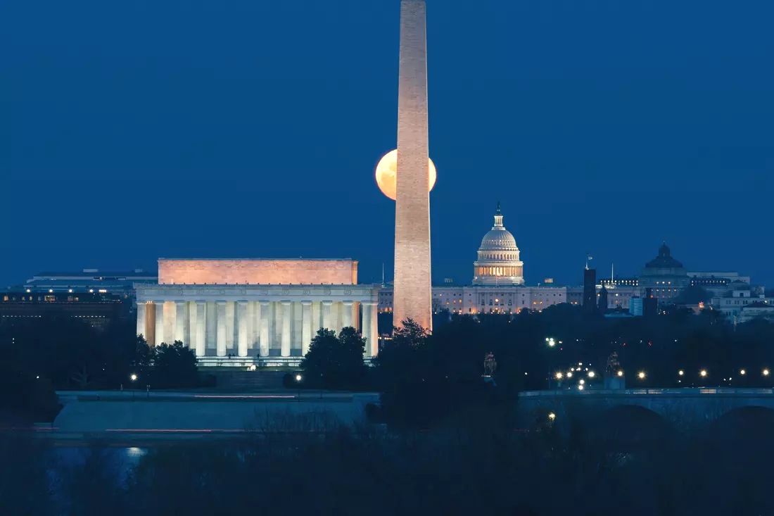 Night view of Washington DC with illuminated Lincoln Memorial, Washington Monument and Capitol