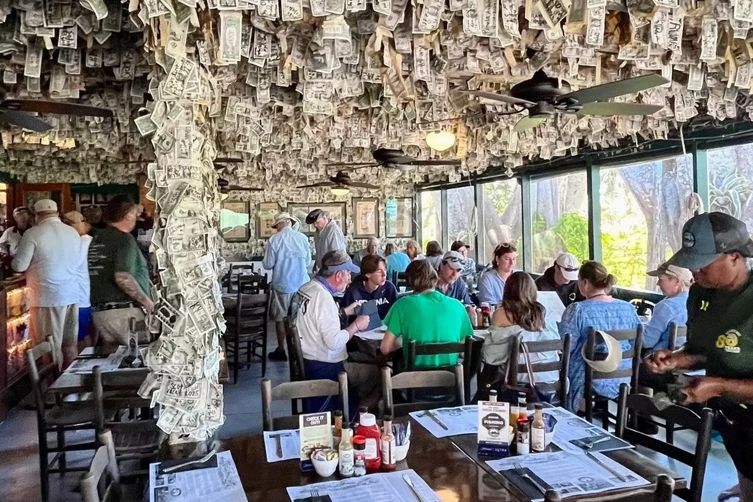 Лабиринт из денег: Знаменитый ресторан Cabbage Key и его долларовые стены Интерьер бара Cabbage Key с тысячами долларовых купюр, приклеенных к стенам и потолку посетителями