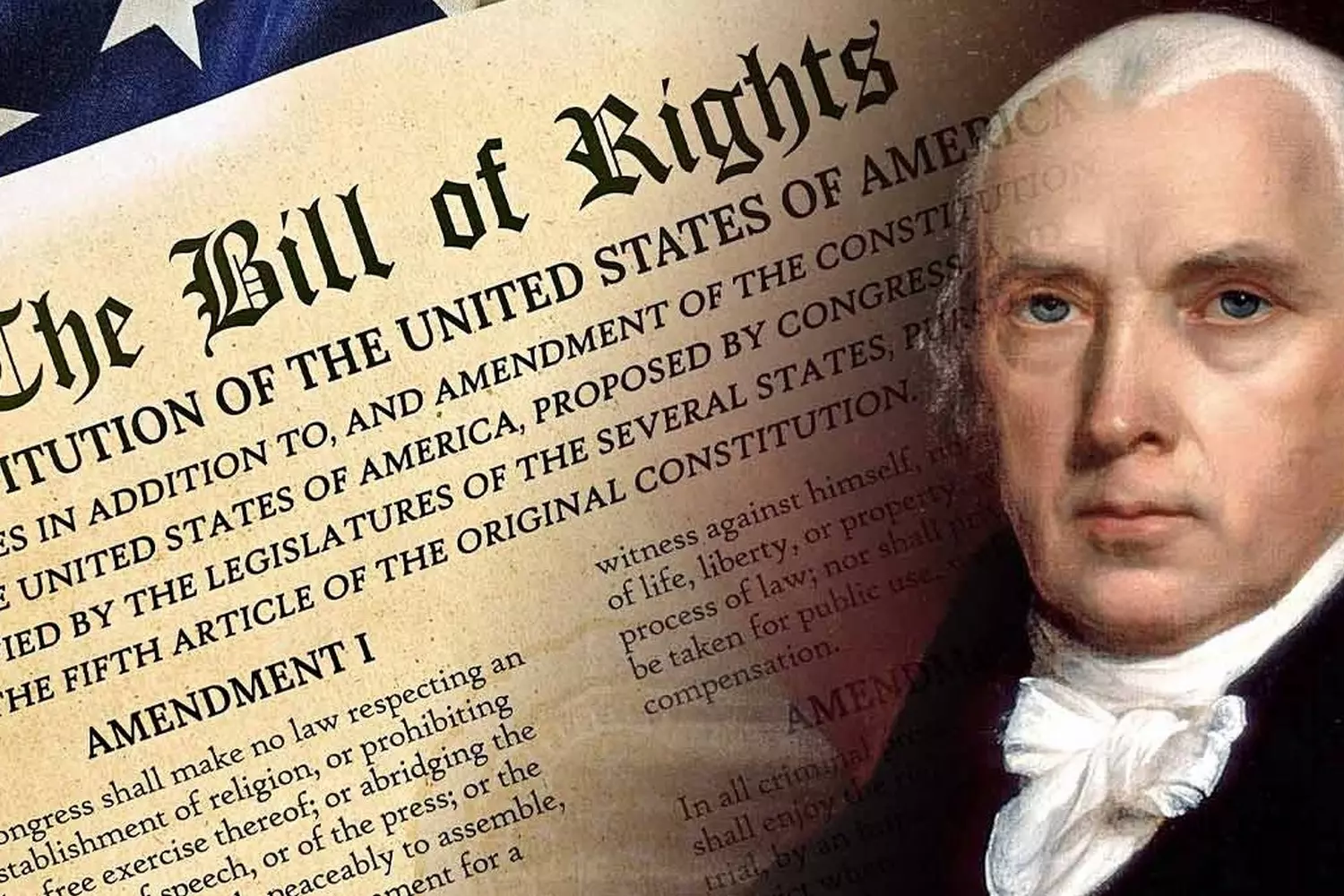 Portrait of James Madison with the original US Bill of Rights text A historical juxtaposition of the face of the Bill of Rights' primary author, James Madison, and the document guaranteeing fundamental American liberties