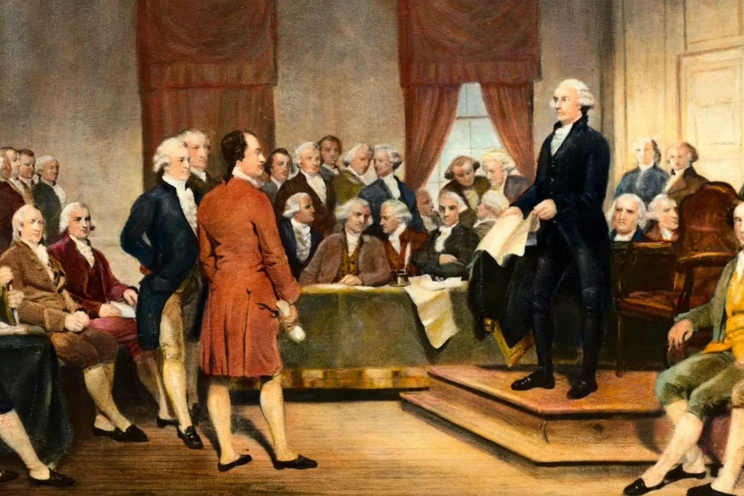 Historical painting: the signing of the Constitution of the United States of America An artistic depiction of a key event in American history — the adoption of the Constitution