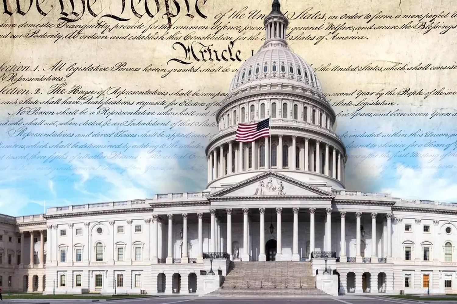 Symbols of American Democracy: Congress and the Constitution The original text of the Constitution displayed against the backdrop of the Capitol Building, illustrating the link between the historic document and the modern legislative branch