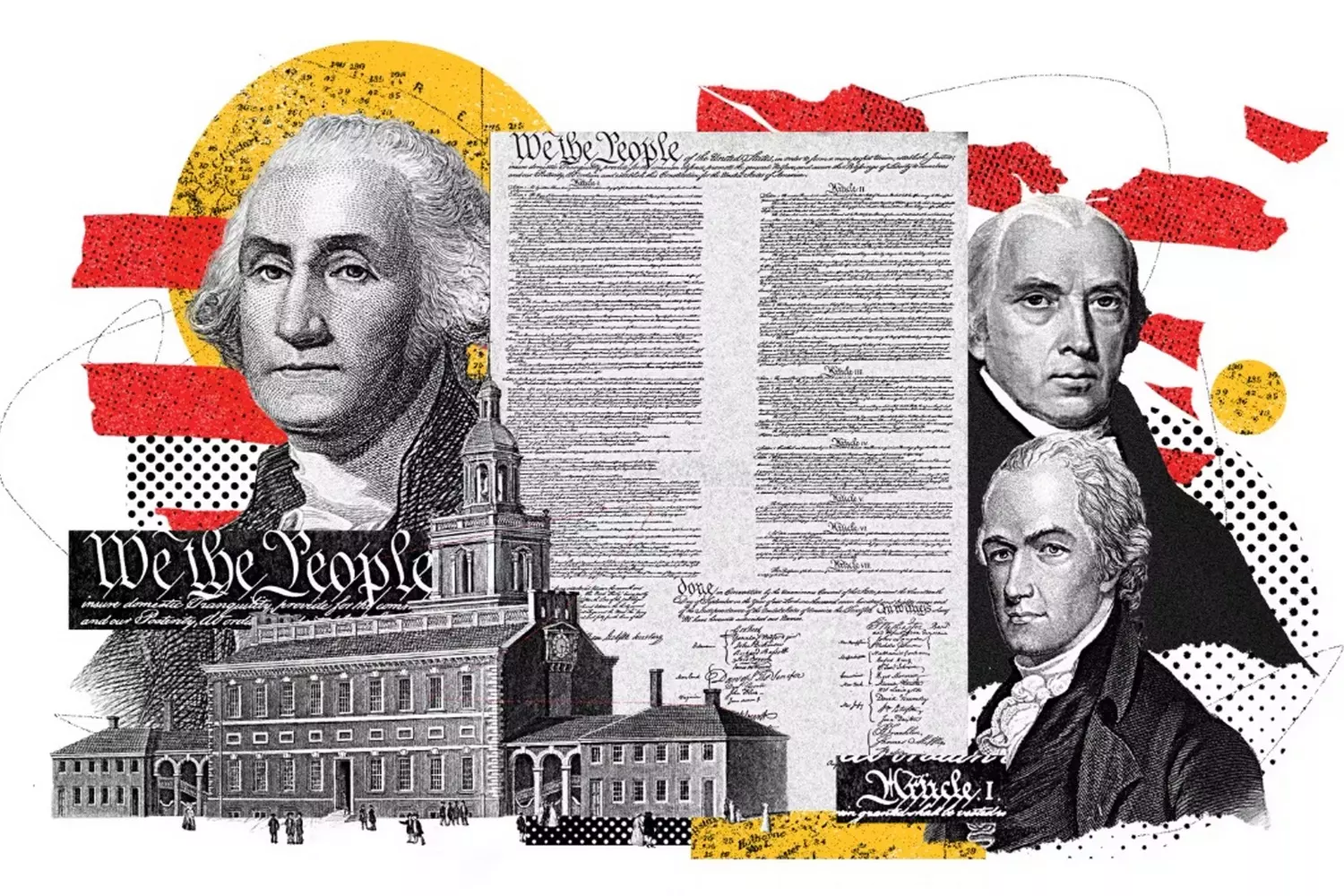 Collage: US Constitution manuscript and portraits of the Founding Fathers A visual composition that merges the parchment with the original Constitution text and a gallery of portraits of key delegates to the Philadelphia Convention