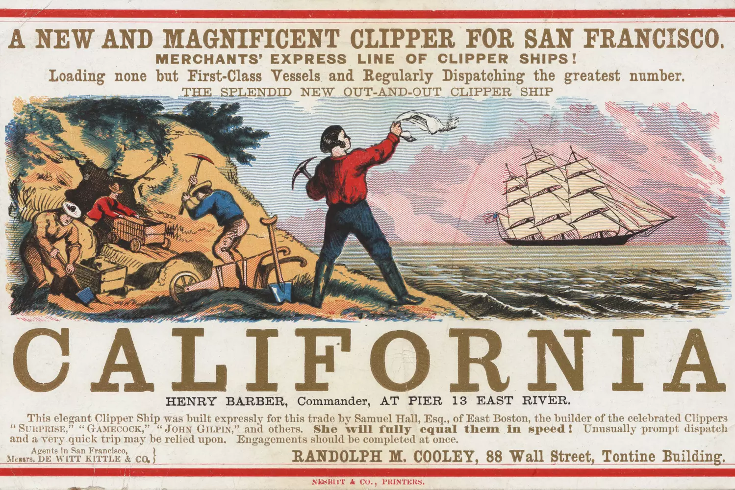 Vintage advertisement for gold claims during the California Gold Rush A poster from the Gold Rush era inviting people to the mines in California