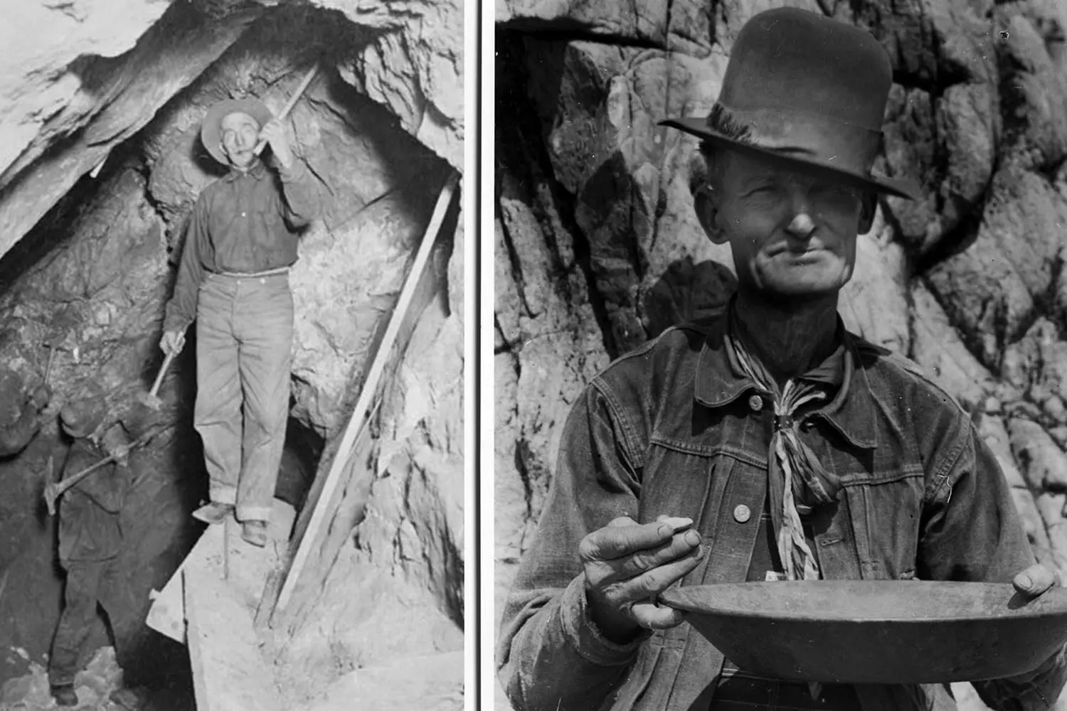 The Gold Rush: Miners Who Changed History Vintage photo of gold miners during the Gold Rush: men panning for gold in a river, dressed in worn-out clothes, surrounded by wild nature and simple tools