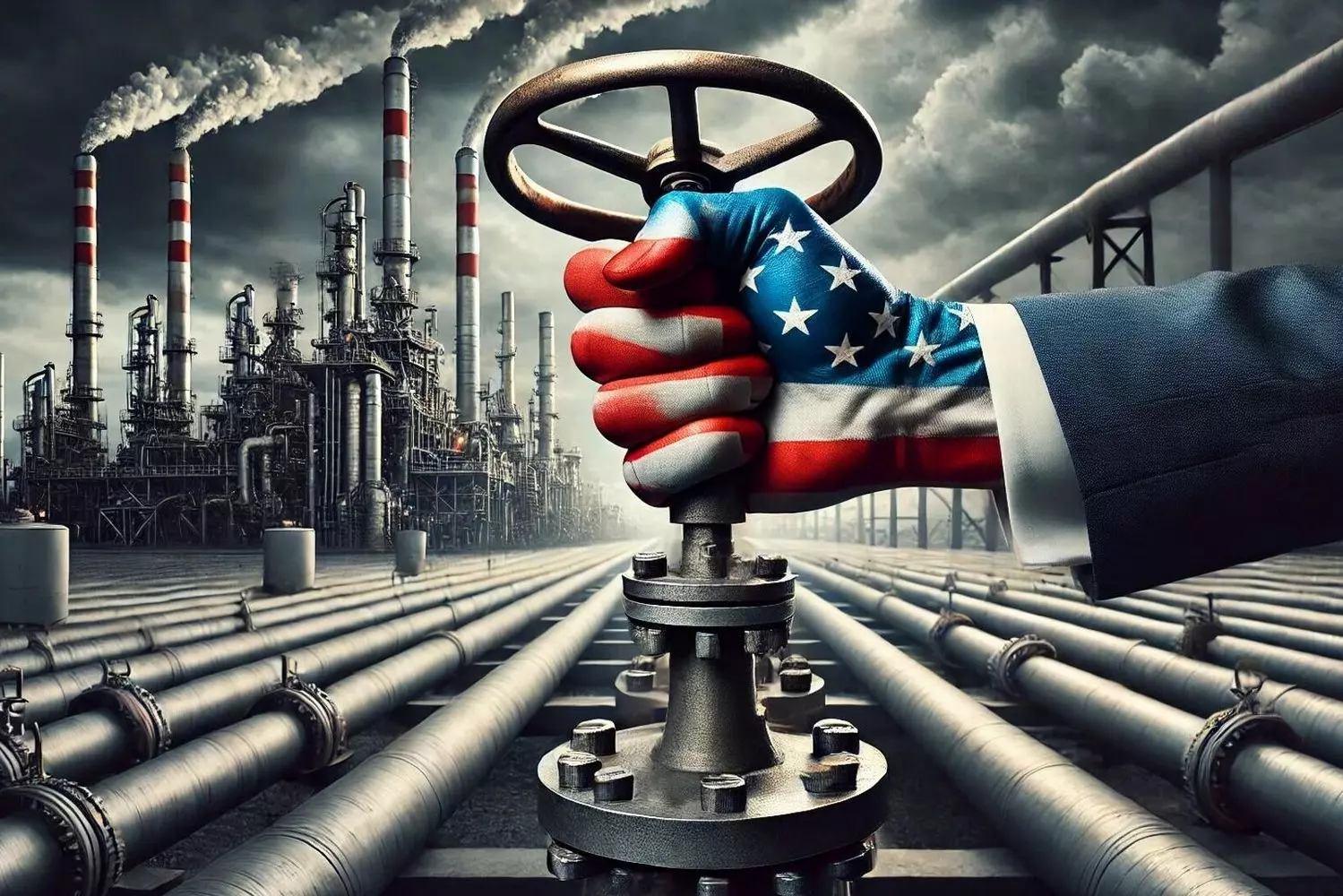 Протест с национальным колоритом: Рука-флаг США перекрывает нефтяной кран Рука, раскрашенная под американский флаг, перекрывает вентиль нефтепровода — символ гражданского протеста против нефтяной зависимости