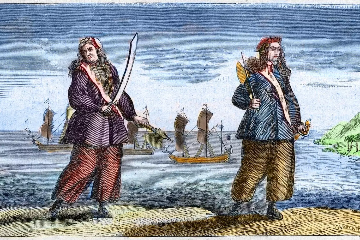 Anne Bonny and Mary Read: The Most Dangerous Female Pirates in History Who Defied the Laws of Their Time Portrait sketch of two female pirates Anne Bonny and Mary Read with pistols and sabers against pirate ship battle background
