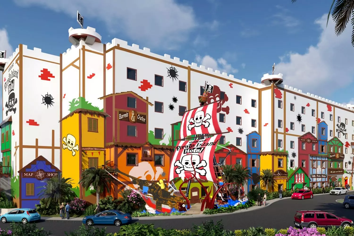 Pirate Zone at LEGOLAND: Ship Adventures, Water Battles, and Treasure Hunts for the Whole Family Children and families enjoying a pirate-themed playground at LEGOLAND with a ship structure, water attractions, and LEGO decorations, including water cannons and slides