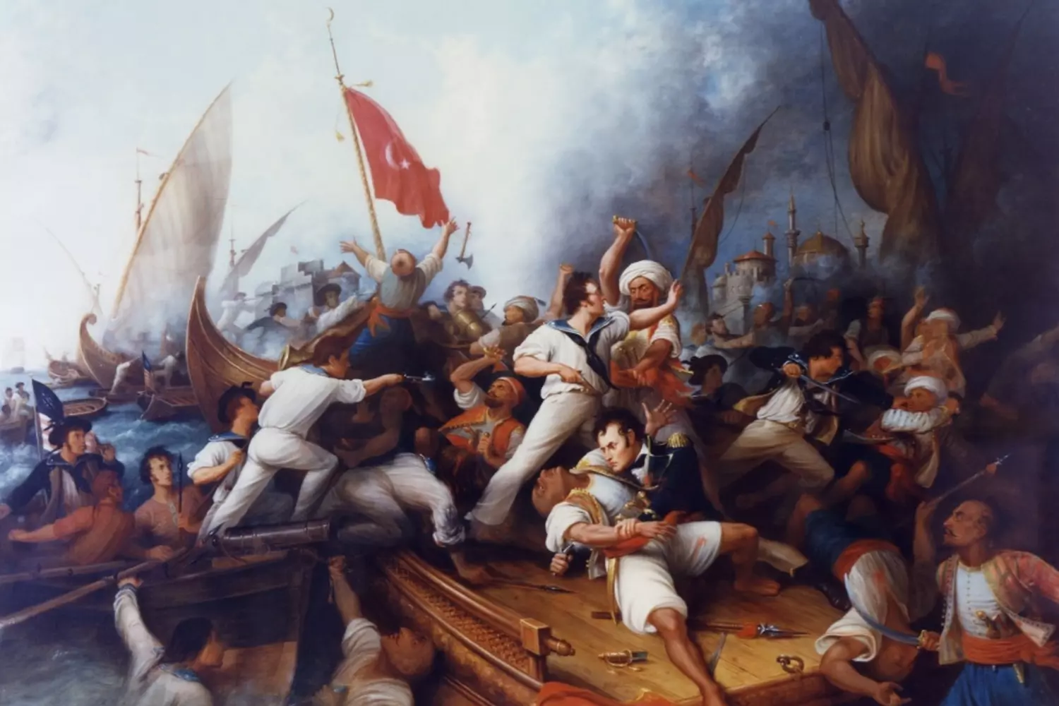 The Barbary Wars: How the Young American Navy Challenged the Pirates Antique sketch depicting a naval battle between American warships and Barbary Coast pirates near the coast of North Africa