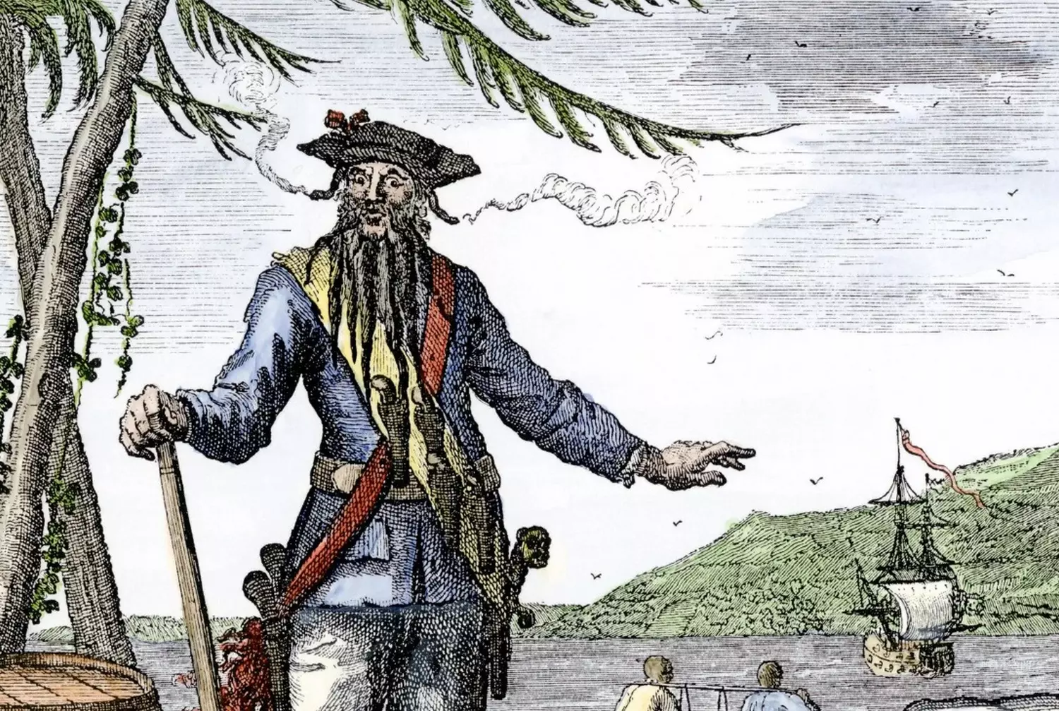 Edward Teach, Known as Blackbeard: The Most Fearsome Pirate of the American Coast Portrait sketch of the pirate Blackbeard (Edward Teach) with slow-match fuses smoking in his hair and a fierce expression on his face