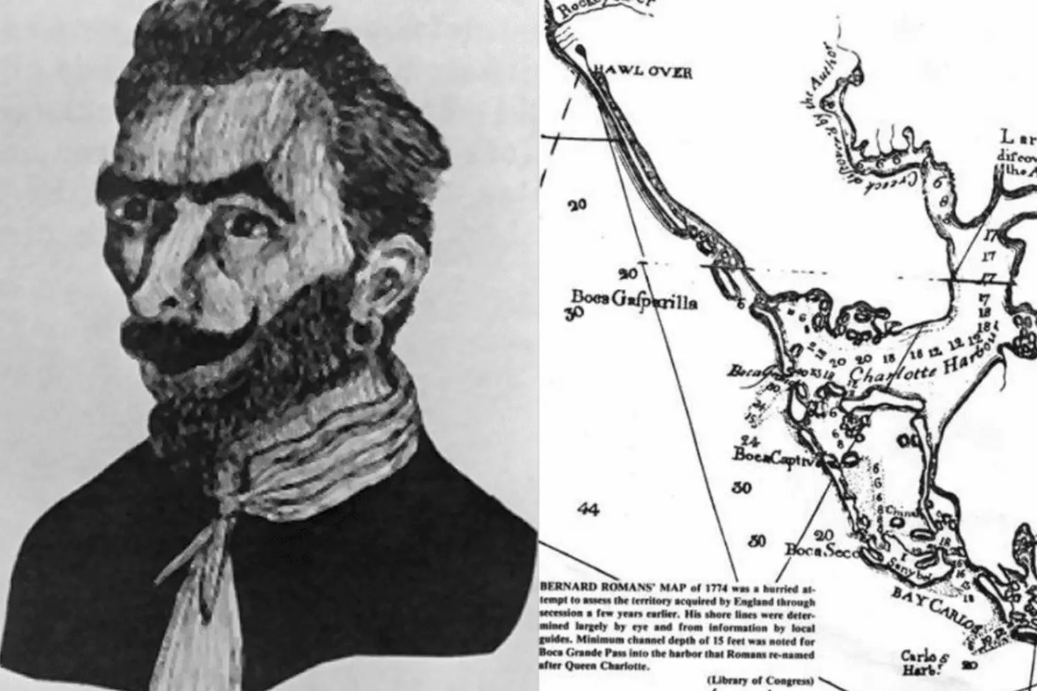 Jose Gaspar: The Last Pirate of the Gulf of Mexico Who Terrorized Florida's Coast Portrait sketch of pirate Jose Gaspar with saber and pistol against Florida coastline and pirate ship background