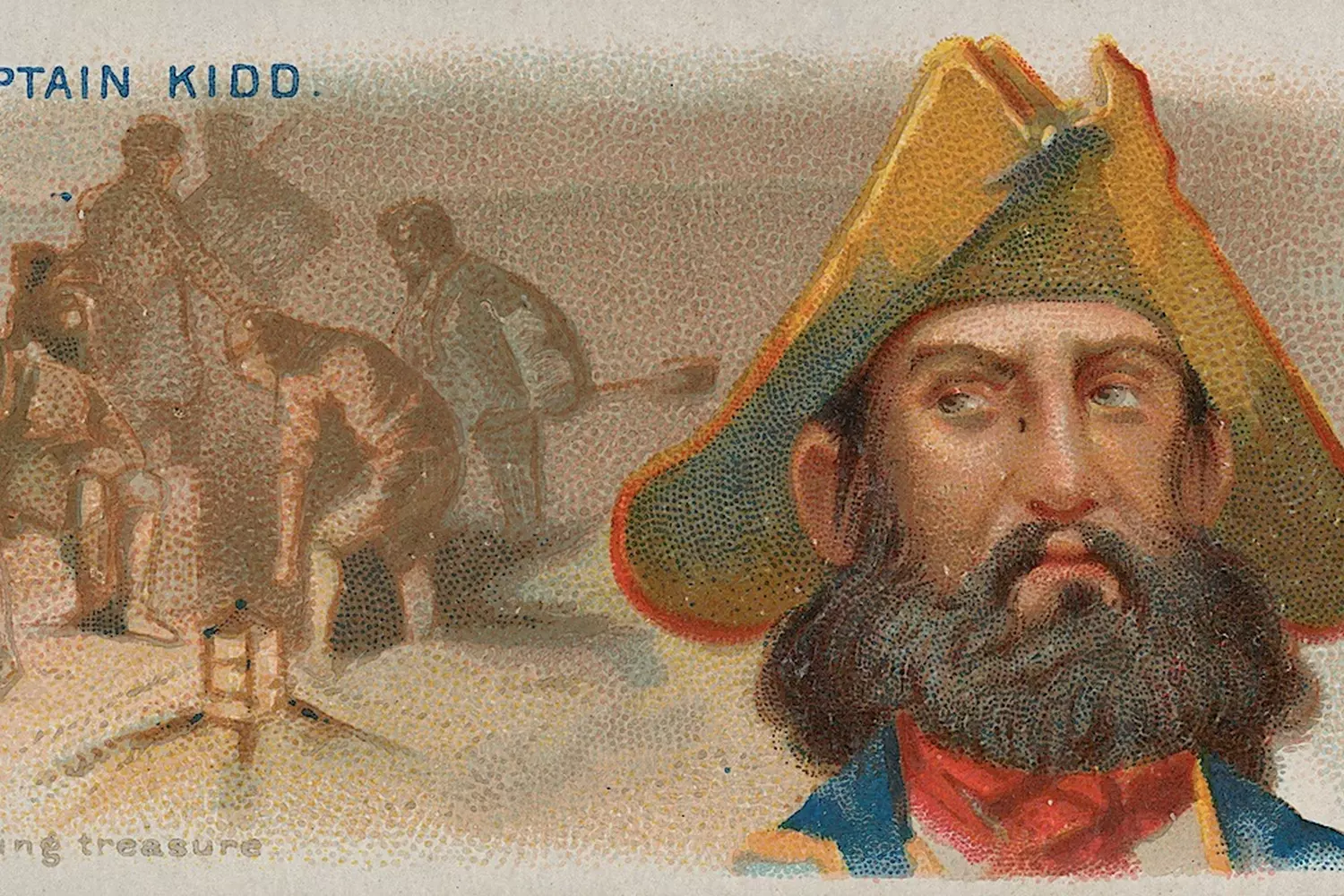 Captain Kidd: From Royal Privateer to History's Most Famous Pirate Portrait sketch of Captain William Kidd in waistcoat and tricorne hat, with ship and treasure chest in background