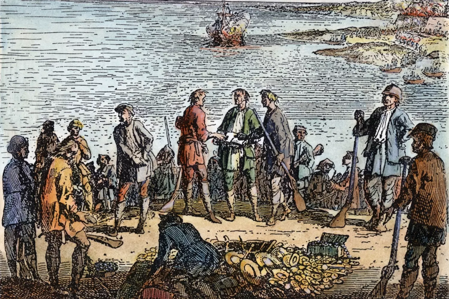 The Daily Life of American Pirates: Not Just Battles, But Also Routines in Colonial Port Cities Vintage sketch or etching depicting the daily life of pirates in the USA: unloading a ship near the coast, a bustling tavern, and dividing loot