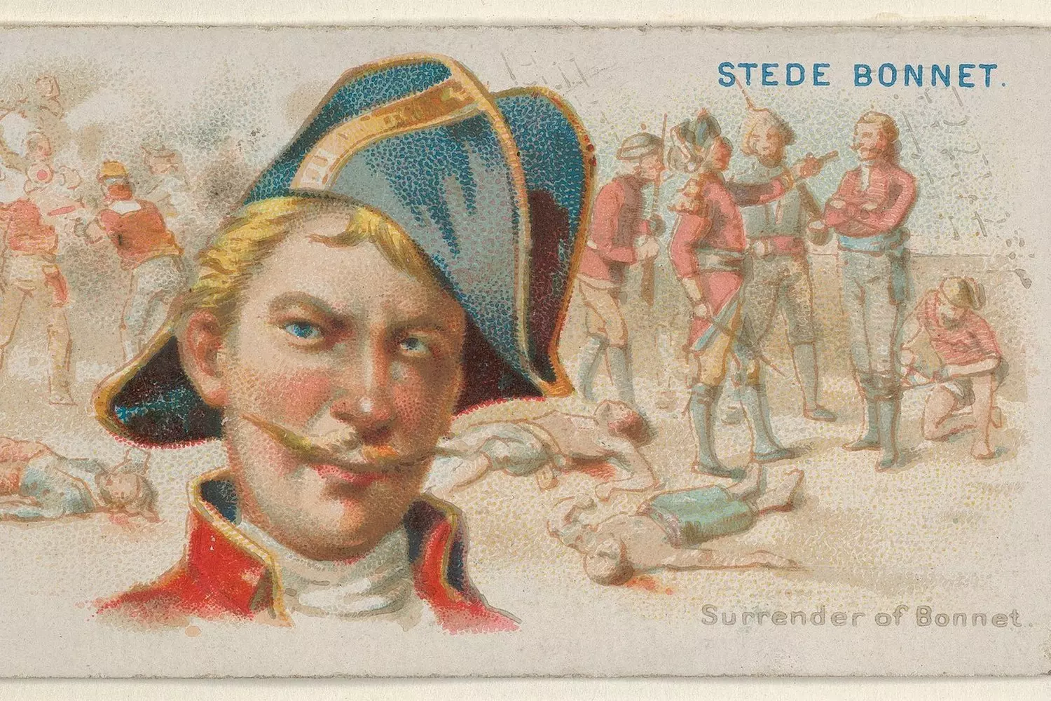 Stede Bonnet: The Gentleman Pirate Who Traded Plantation for Piracy Portrait sketch of pirate Stede Bonnet in wig and noble clothing, with pistol and saber against ship background
