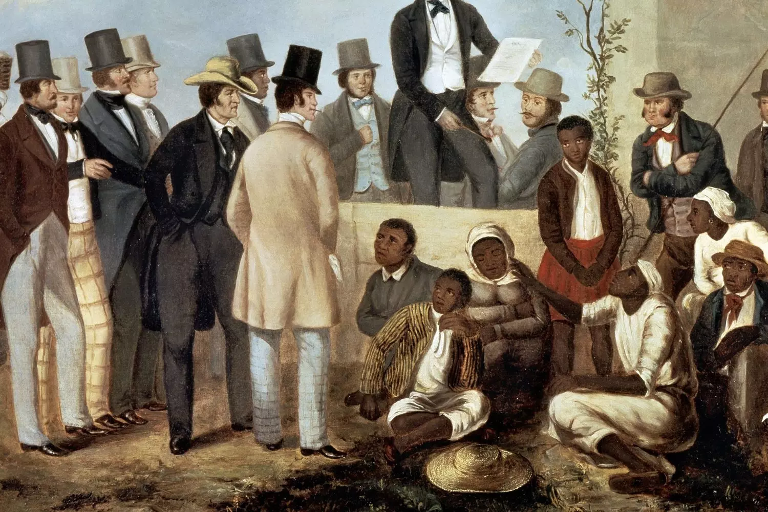 A painting depicting the slave trade in 19th-century USA — a historical artwork A painting depicting a slave auction in 19th-century USA: enslaved Africans being examined by buyers in a city square