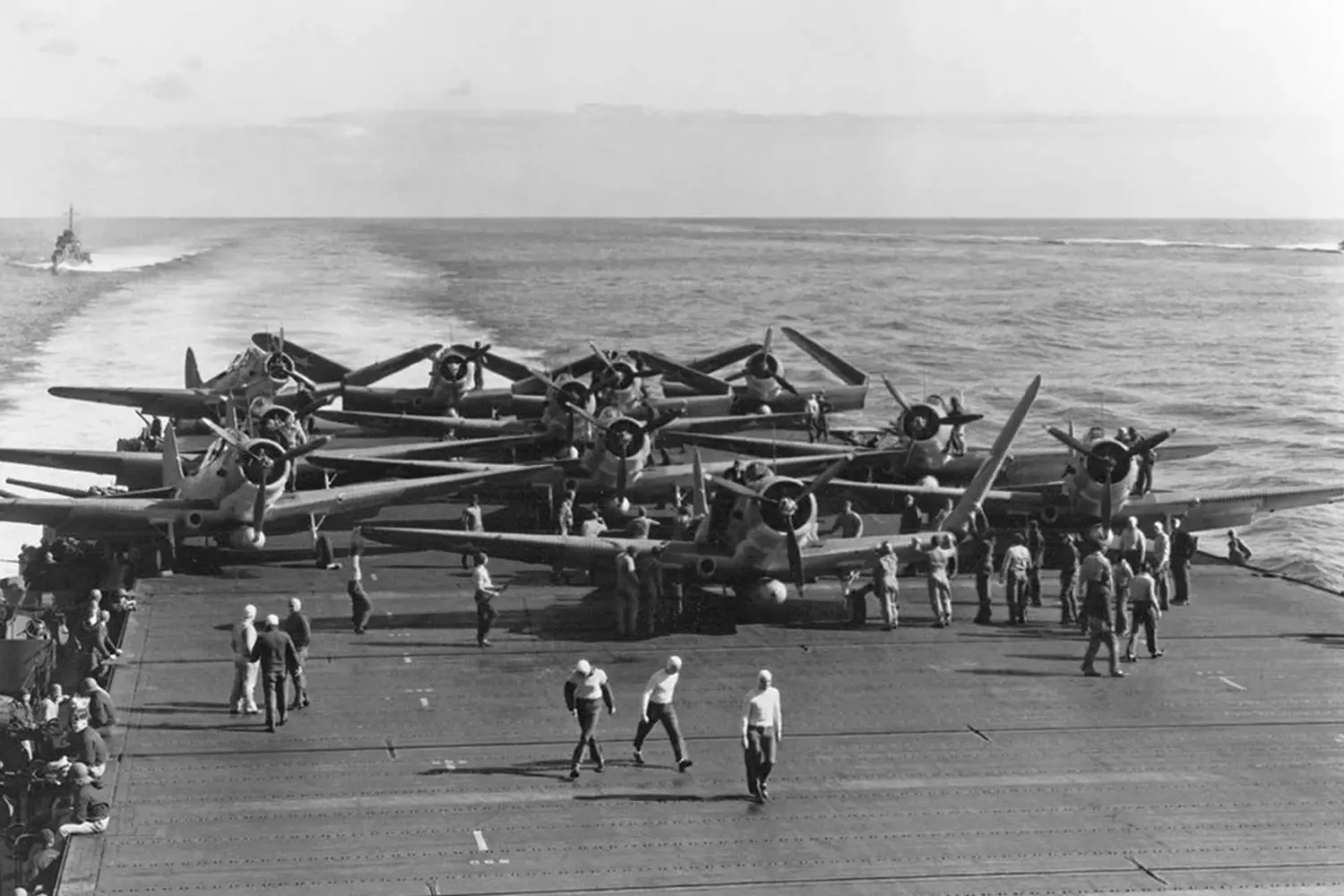 Battle of Midway, June 4, 1942: The Decisive Strike on Japanese Carriers U.S. Navy SBD Dauntless dive bombers attack Japanese carriers "Akagi" and "Kaga" during the Battle of Midway
