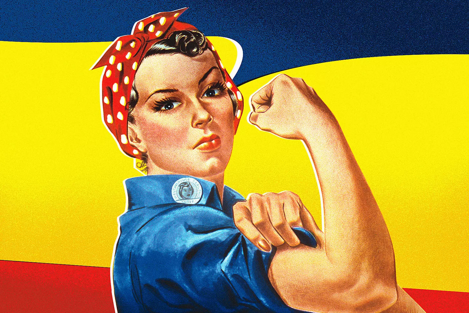 We Can Do It!": The Iconic Rosie the Riveter Poster That Defined WWII Vintage 1942 propaganda poster featuring a woman in a blue work shirt and red polka-dot bandana, flexing her bicep with the slogan "We Can Do It!"