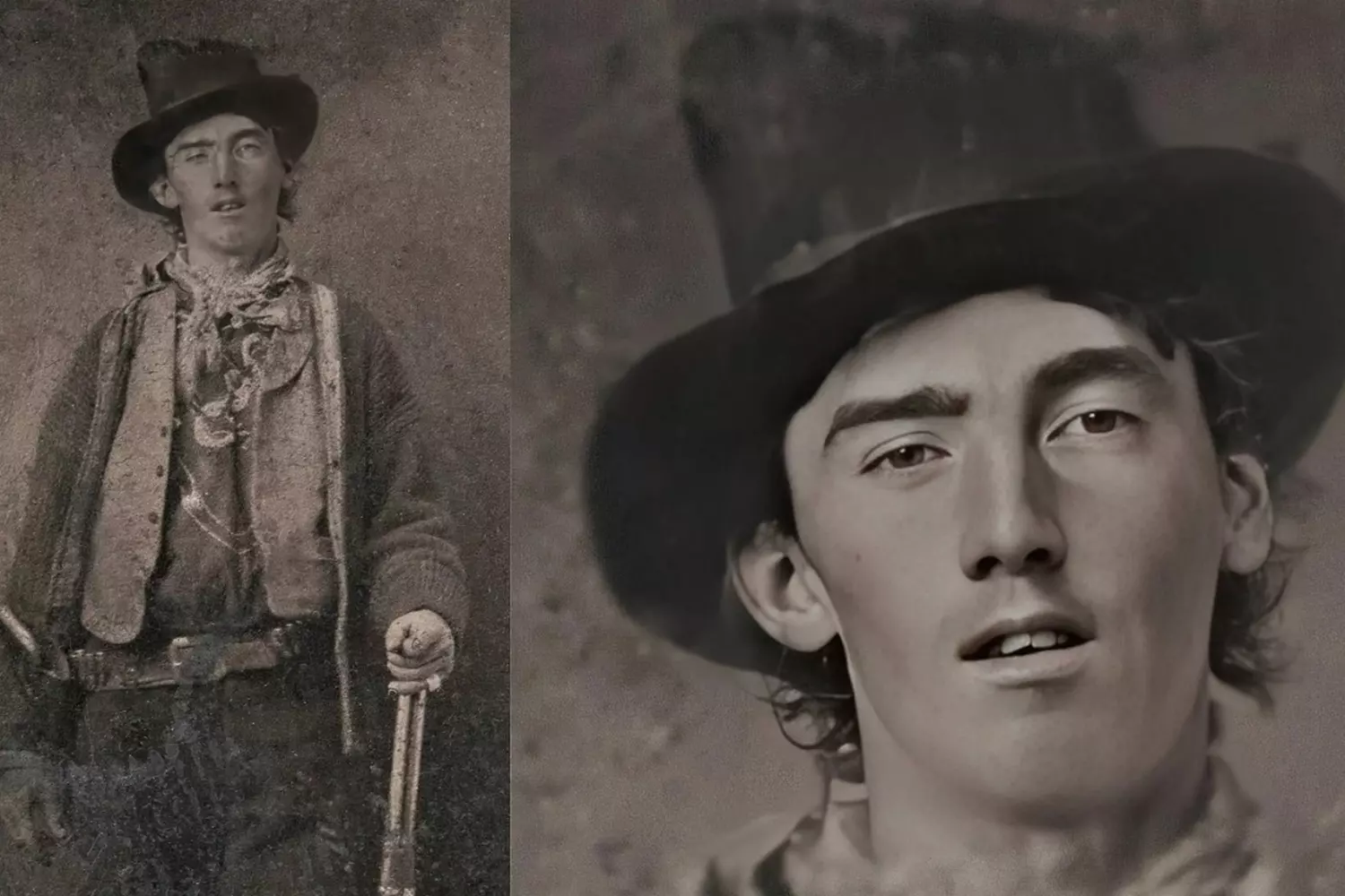 The Only Confirmed Photograph of Billy the Kid Black and white cropped portrait of Billy the Kid, standing outside leaning on a rifle