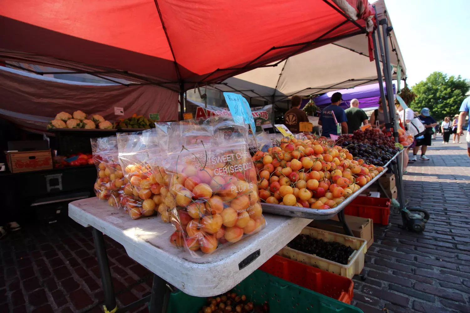 Прилавок, заваленный свежей темно-красной черешней на фермерском рынке в США