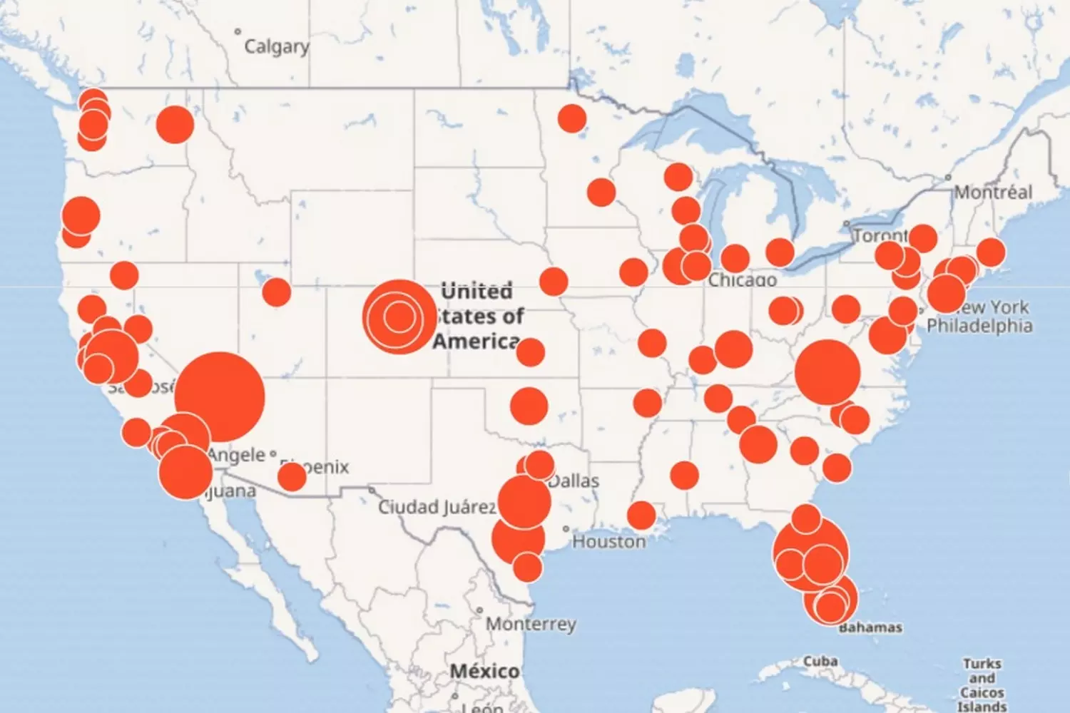 Mapping the Tragedy: Every Mass Shooting in the U.S. (2000-2024) A U.S. map covered with red markers indicating mass shooting locations, with clusters visible in major cities and states with lax gun laws