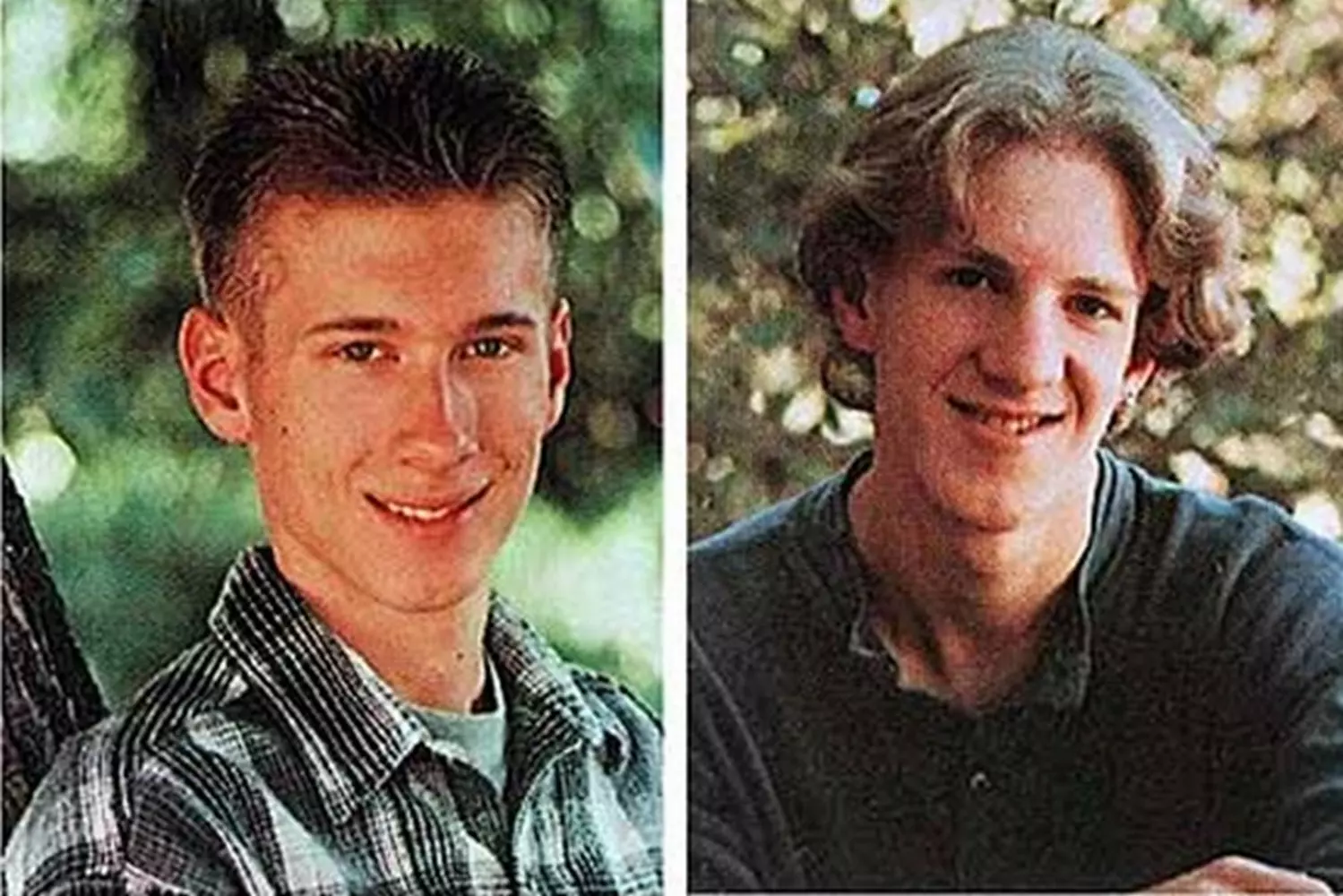 The Faces of Infamy: Eric Harris and Dylan Klebold, the Columbine Killers Side-by-side school photographs of Eric Harris (left) and Dylan Klebold (right), the perpetrators of the 1999 Columbine High School massacre, wearing casual clothes with neutral expressions