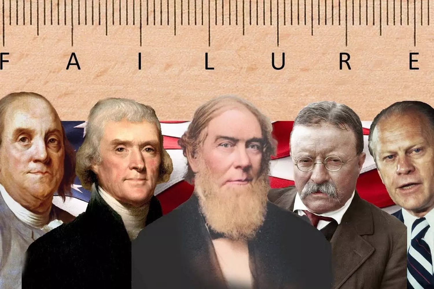 Presidential Heights in Feet: U.S. Leaders Pose with Imperial Measurement Ruler Group photo of U.S. presidents standing beside a vertical ruler marked in feet and inches, visually comparing their heights using the imperial system