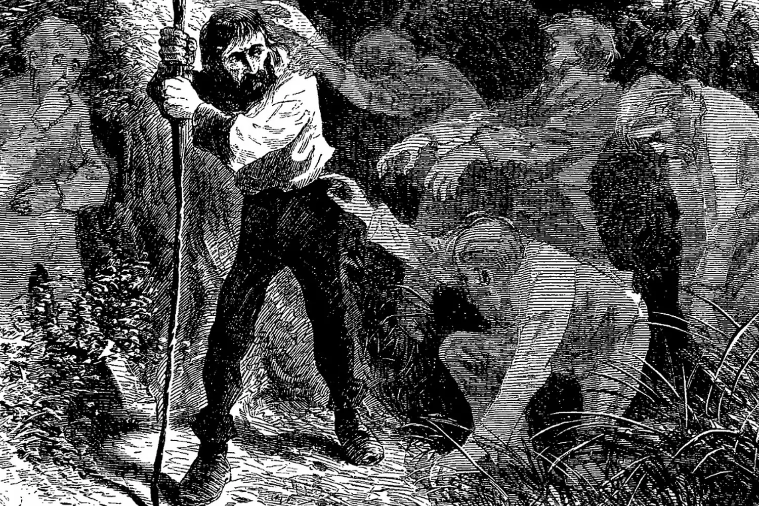 Трумэн Эвертс: чудом выживший в дикой природе Йеллоустоуна (1871) Труман Эвертс, выживший в Йеллоустоне, в одежде исследователя XIX века с измождённым видом после 37-дневного испытания в 1871 году