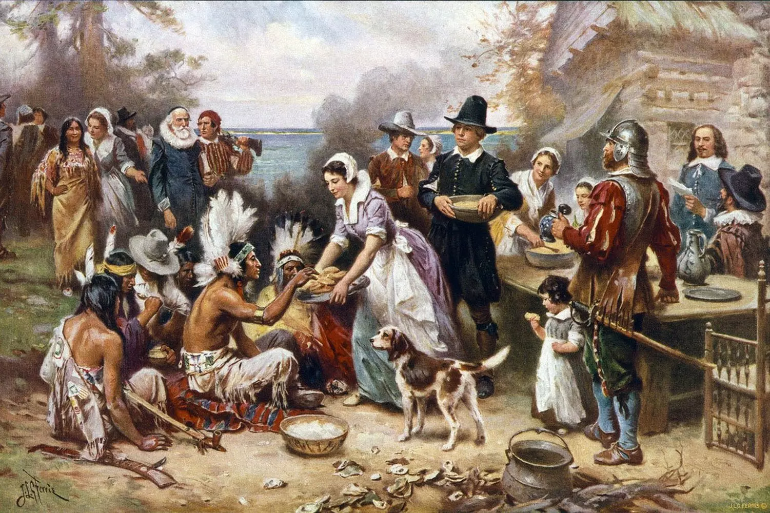 An oil painting on the theme of the first Thanksgiving: a Wampanoag leader and Pilgrims sharing food near their log cabins