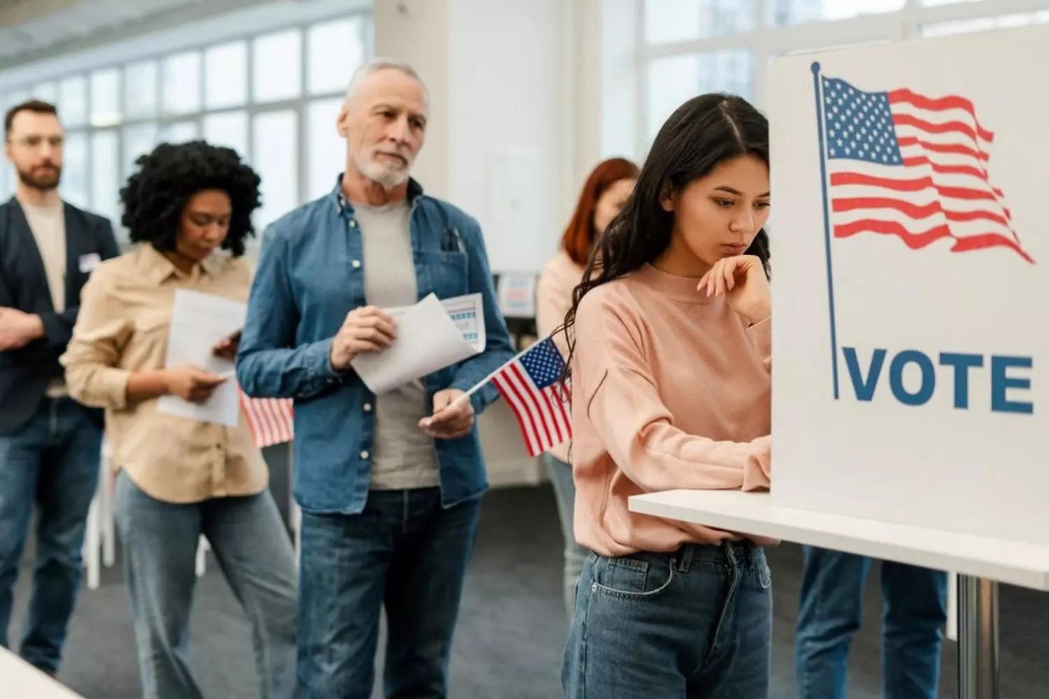 Long line of people waiting to vote in the US elections A diverse crowd of American voters standing in a long queue outside a polling station, patiently waiting to cast their ballots