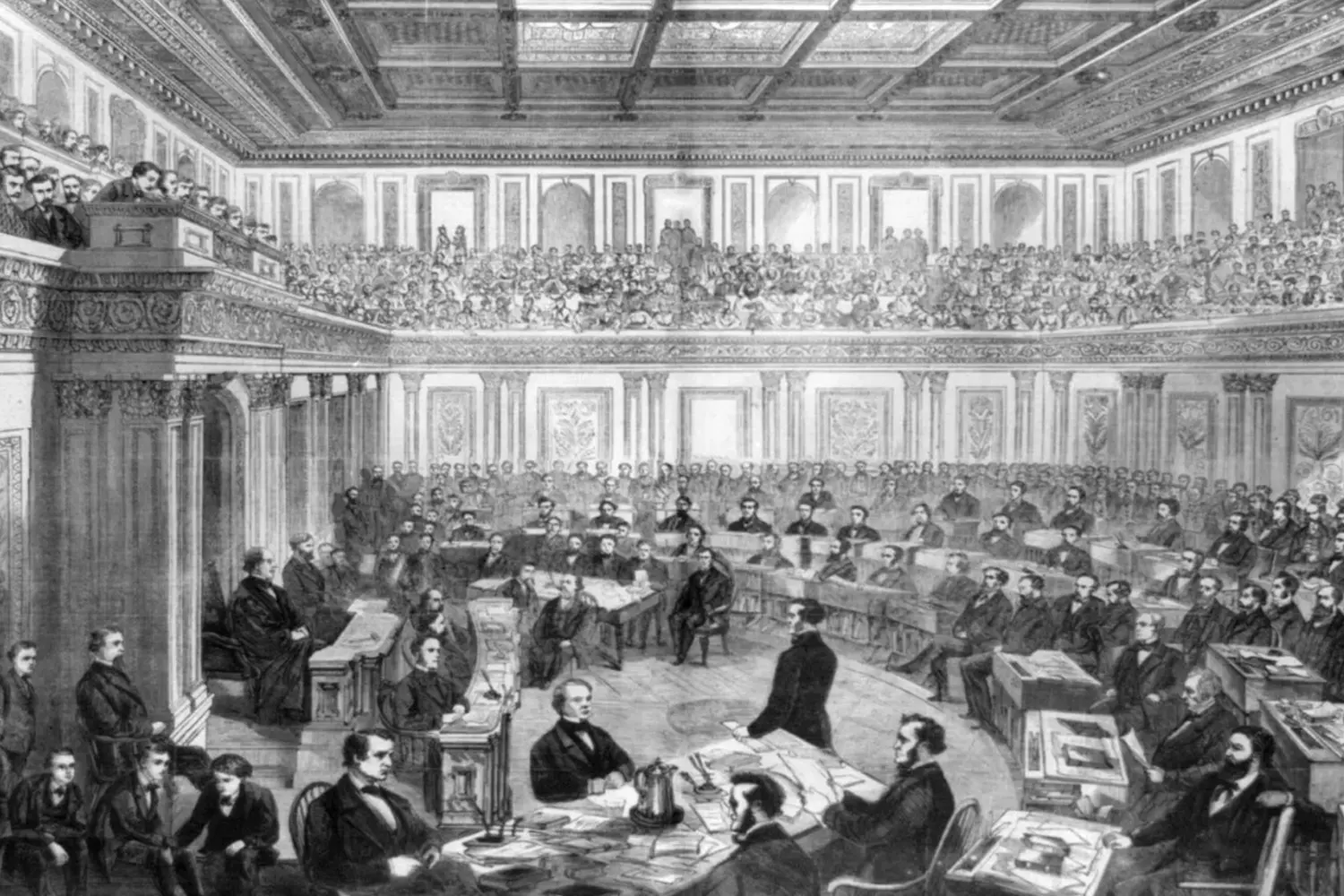The United States Senate Chamber A historical illustration depicting the early US Senate chamber