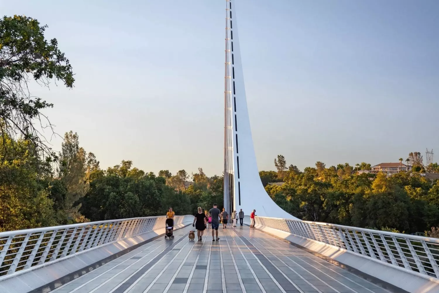 Futuristic Sundial pedestrian bridge in Redding, California, during the day with its giant sundial pylon