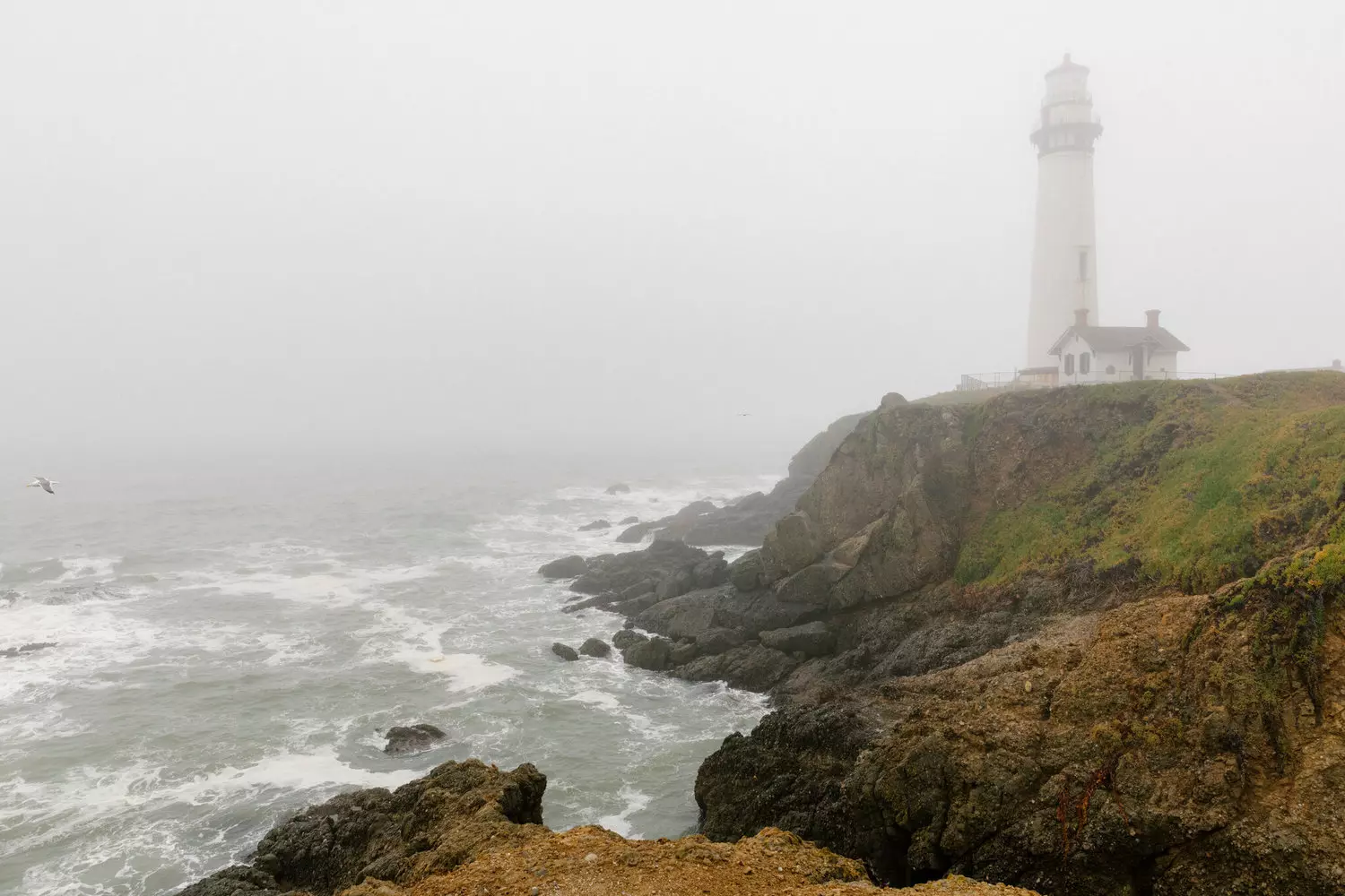 Old lighthouse disappearing into the thick Pacific Ocean fog