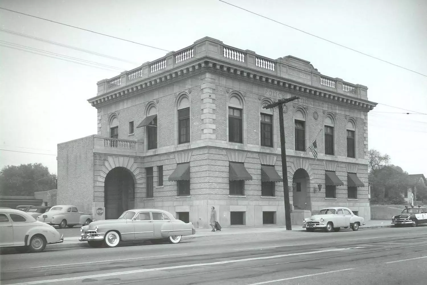 Vintage archival photo of the historic police station building at Highland Park, former LAPD Lincoln Heights Jail No. 11, now home to the Los Angeles Police Museum
