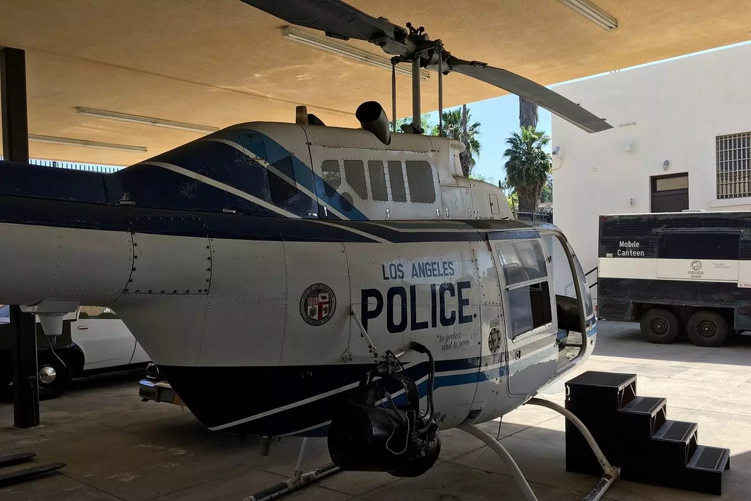 LAPD police helicopter on display at the Los Angeles Police Museum outdoor exhibition area