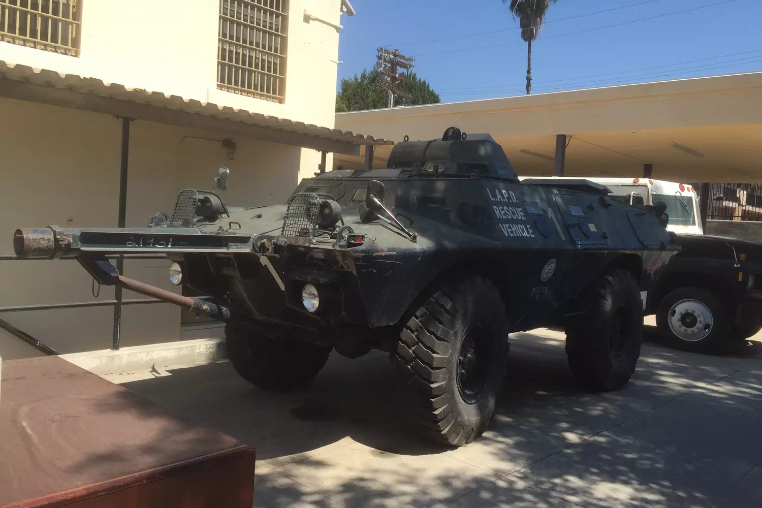 Heavily armored LAPD vehicle (police tank) on outdoor display at the Los Angeles Police Museum
