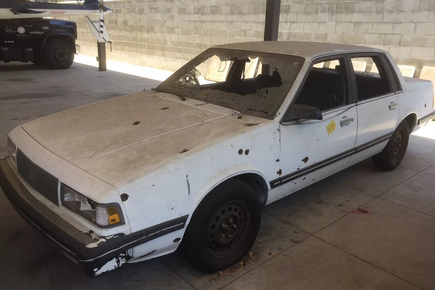 Bullet-riddled Chevrolet on display at the Los Angeles Police Museum, used during the 1997 North Hollywood shootout