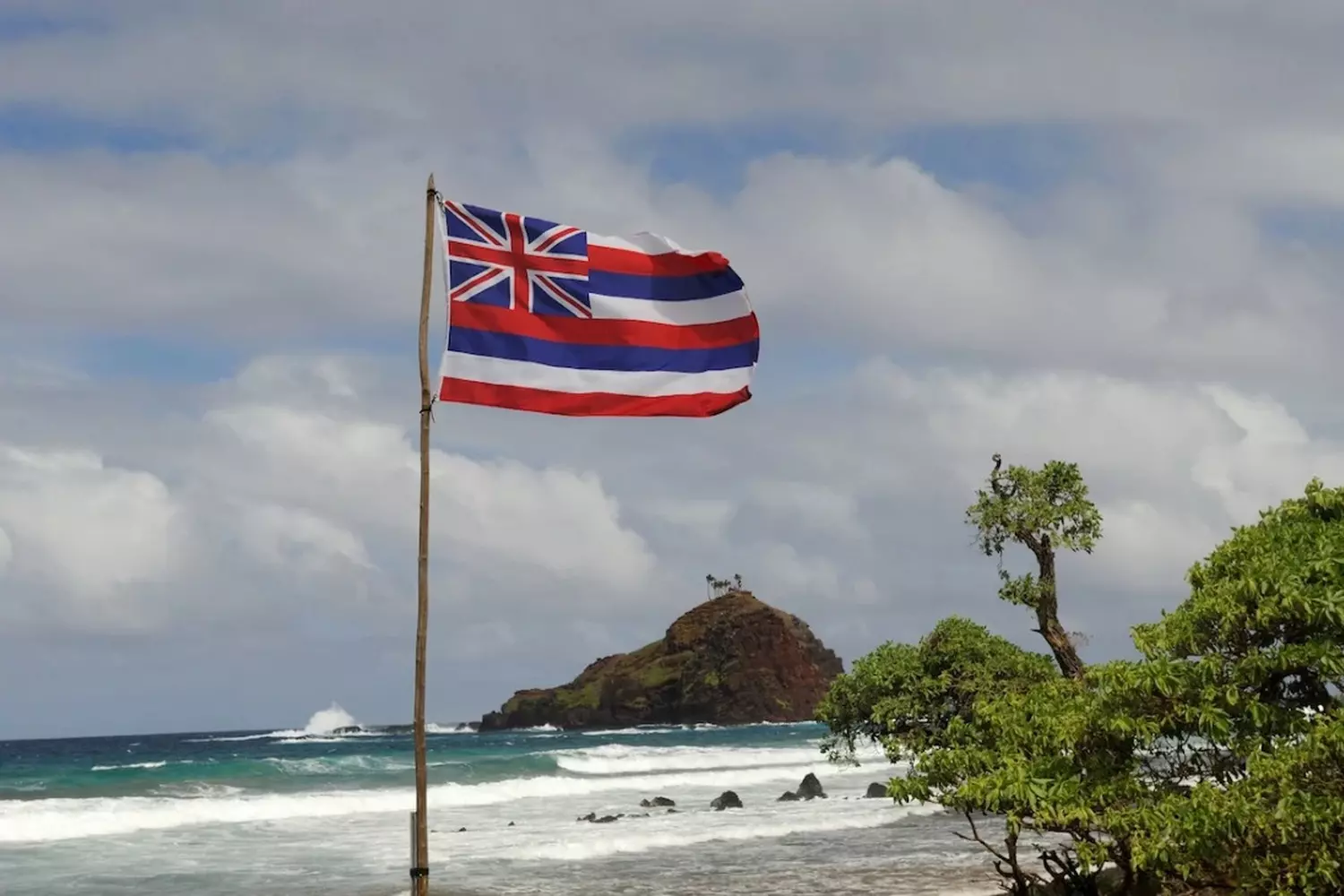 Hawaii State Flag Waving on a Tropical Beach The flag of Hawaii, featuring the Union Jack and eight stripes, waves proudly against a backdrop of a white sand beach, turquoise ocean, and palm trees