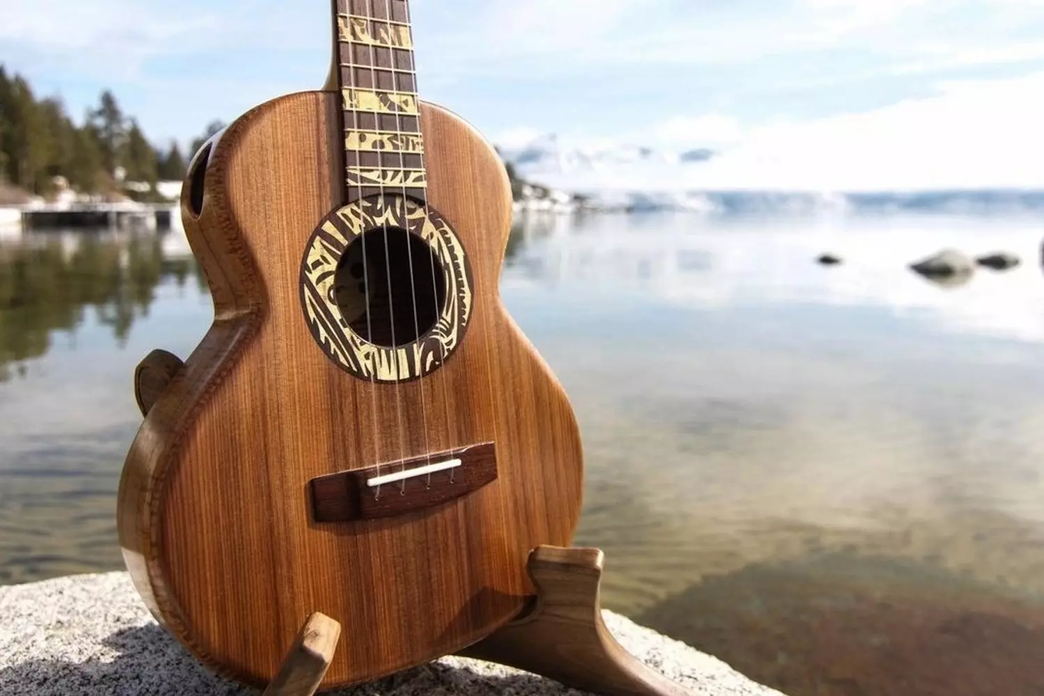 Traditional Hawaiian Ukulele on a Tropical Beach Handcrafted Koa Wood Ukulele from Hawaii