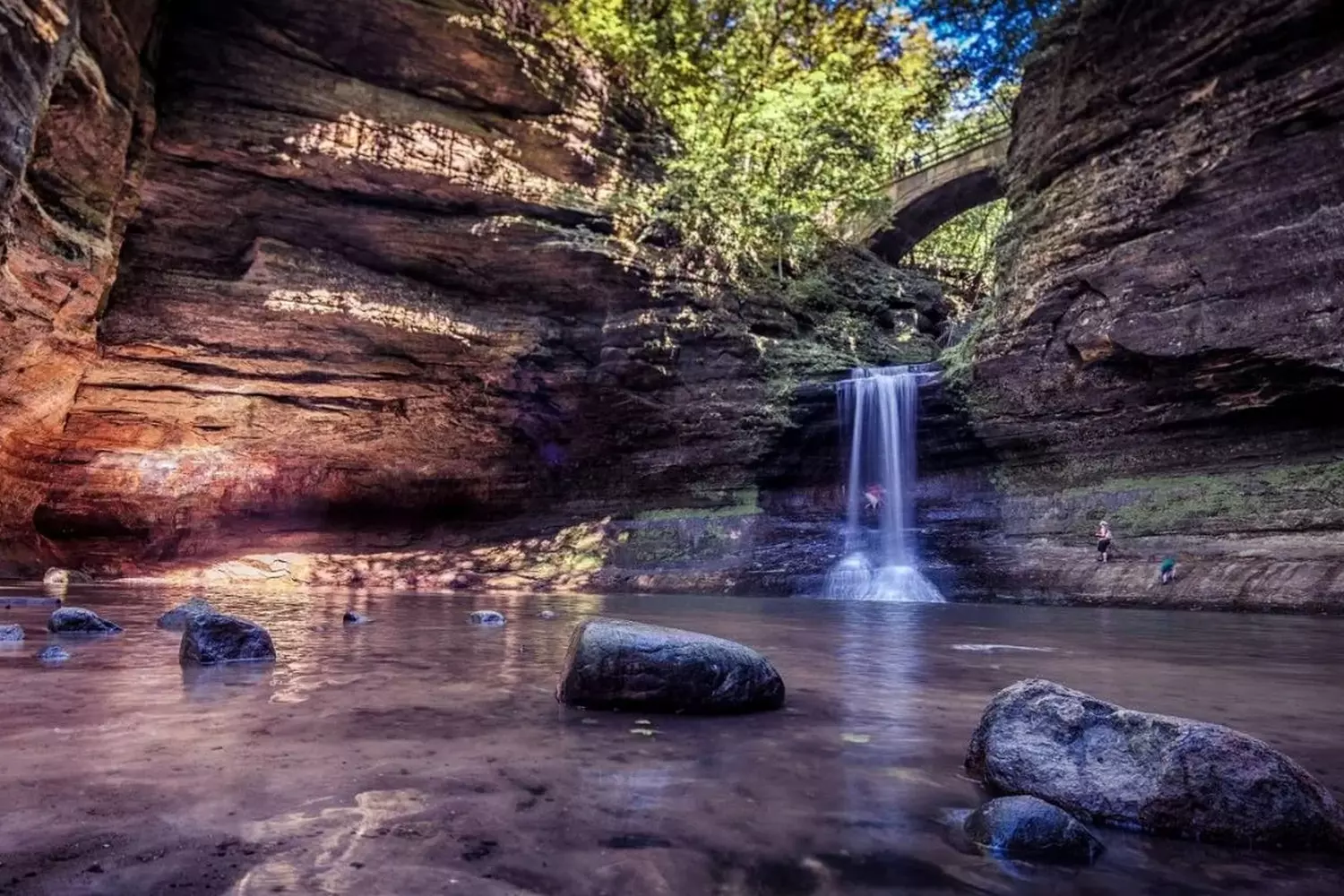 Hidden Cascades: Discovering Illinois' Stunning Waterfall Parks Scenic view of a cascading waterfall in an Illinois national park surrounded by lush greenery and rock formations, with mist rising from the plunge pool below