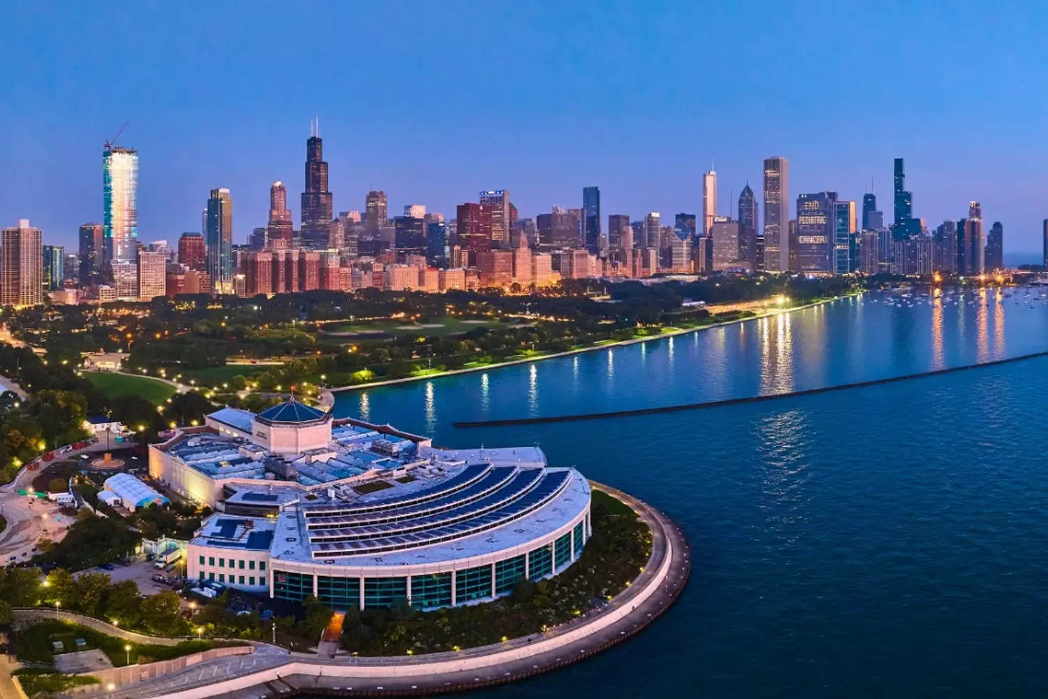 Chicago's Waterfront Wonders: A Bird's-Eye View of the Port and Shedd Aquarium Aerial view of Chicago's Navy Pier and Shedd Aquarium along Lake Michigan shoreline, with boats docked in the harbor and the city skyline in the background under a clear blue sky