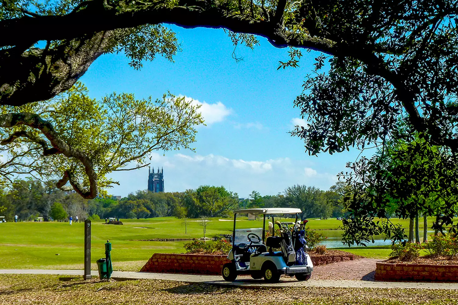 Golf cart in front of a well-maintained golf course in Audubon Park, New Orleans, among century-old oak trees