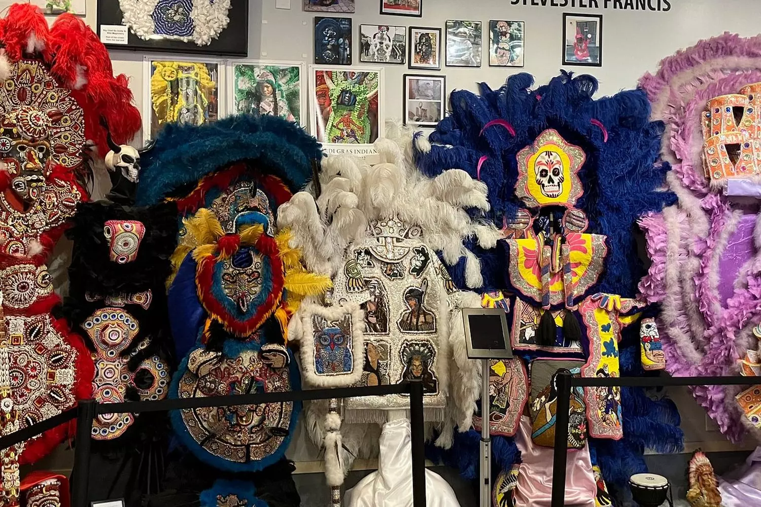 Костюмы на вешалках в Backstreet Museum Костюмы Mardi Gras Indians висят на простых металлических вешалках вдоль стены Backstreet Museum