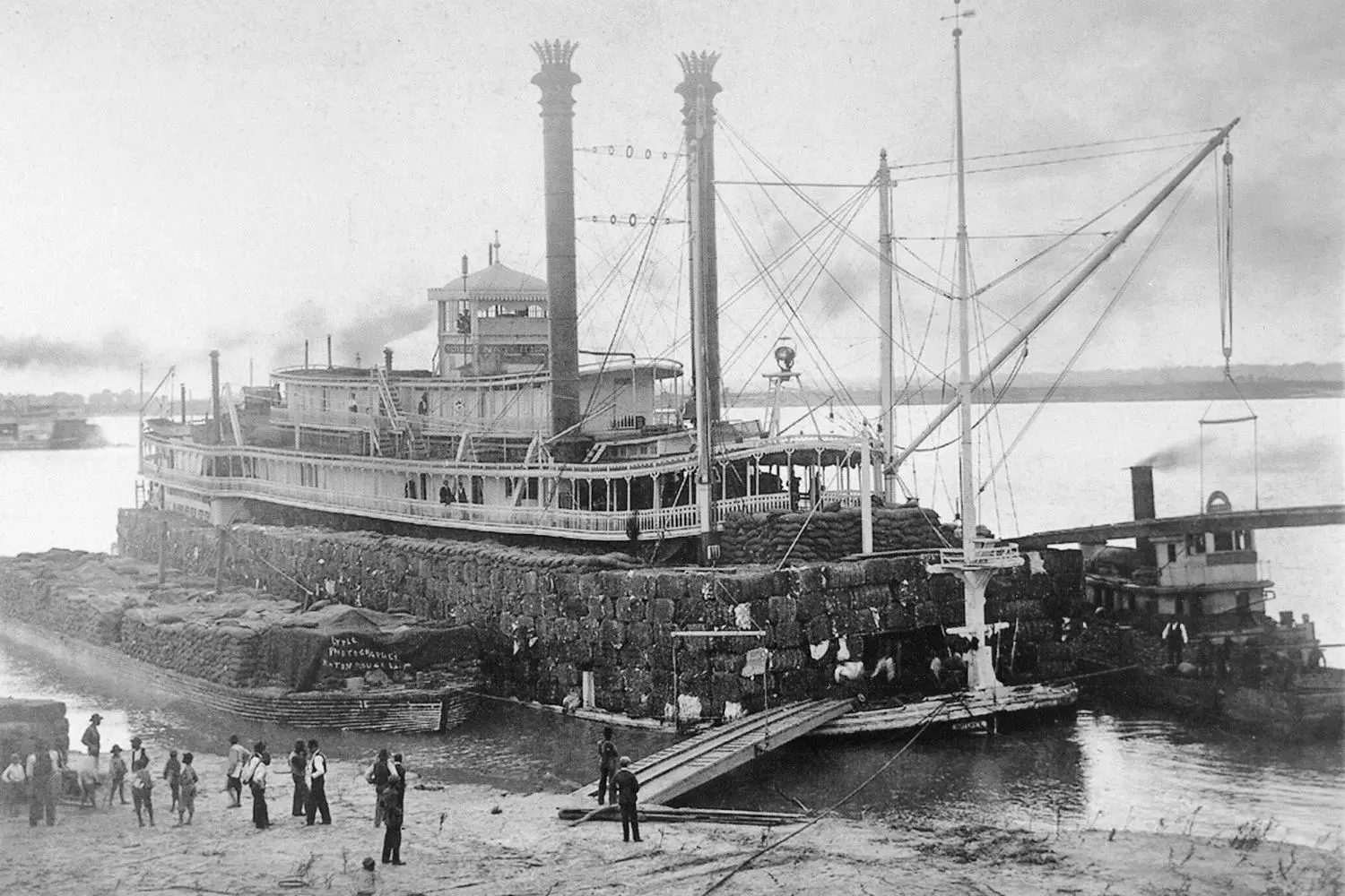 Старинная фотография парохода Natchez на реке Миссисипи в Новом Орлеане, конец XIX века, колёсный пароход у набережной