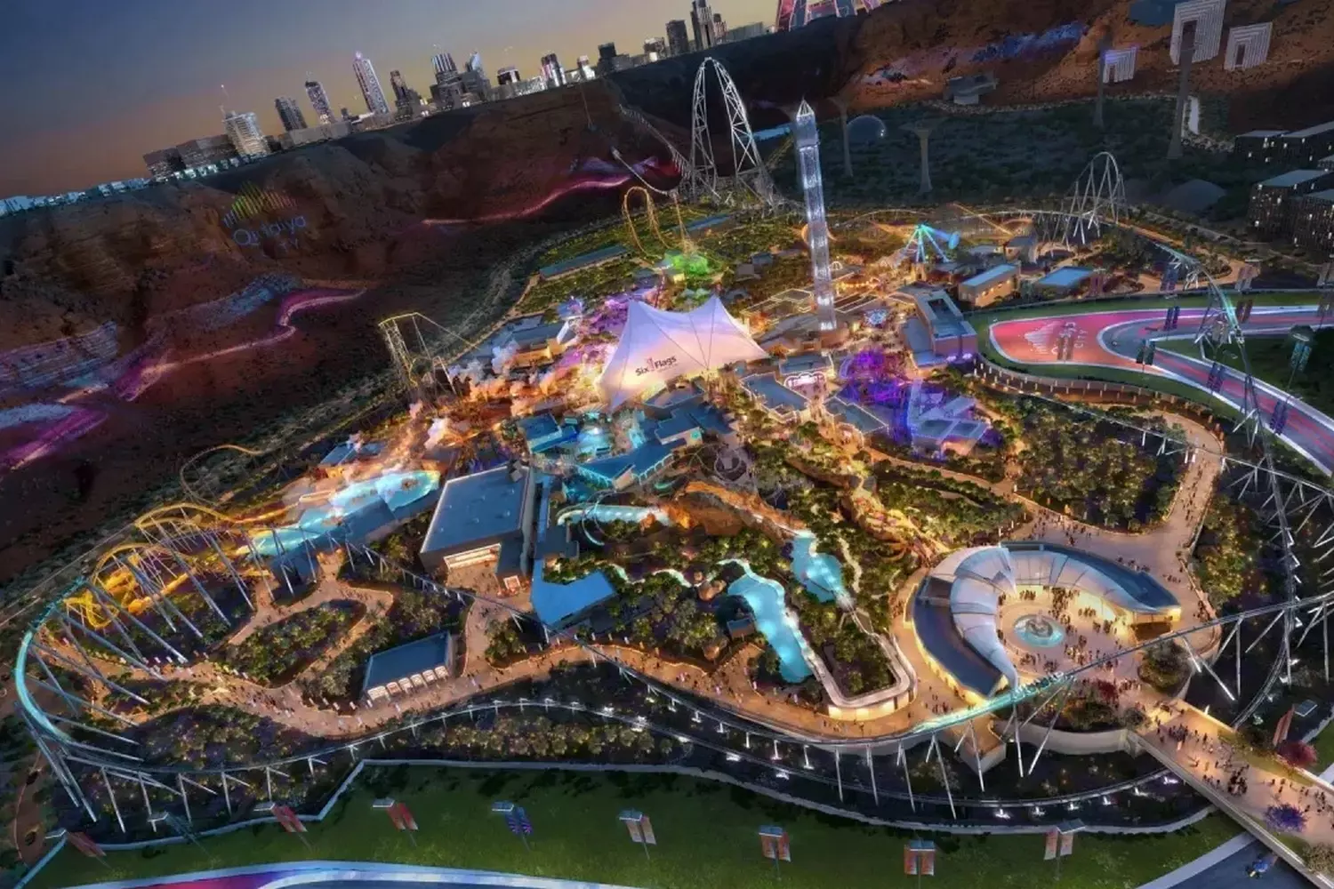 Thrills Unlimited: Epic Adventures at Six Flags Theme Park A panoramic view of Six Flags amusement park with towering roller coasters, colorful attractions, and excited guests enjoying the rides under a bright blue sky