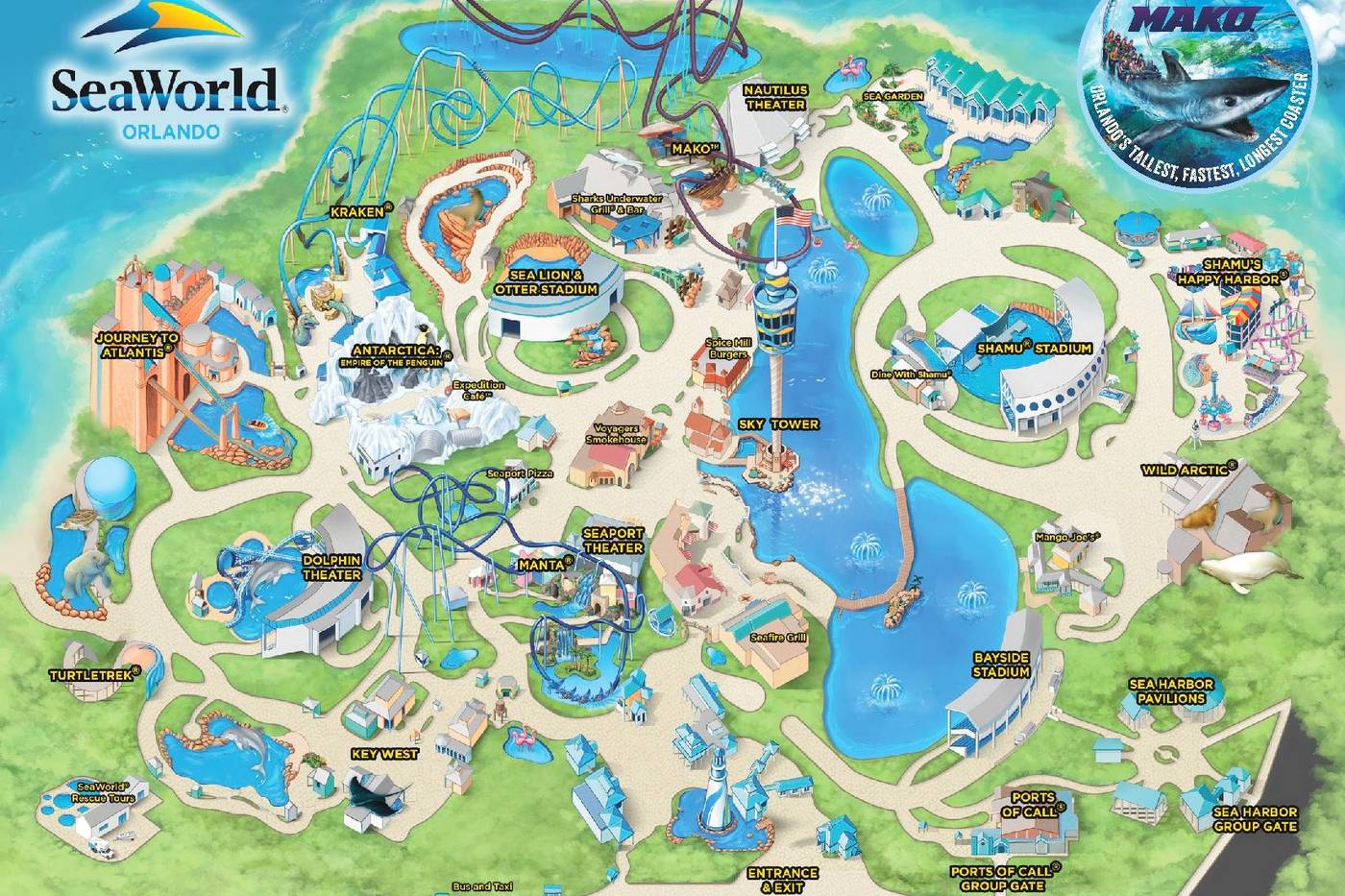 Photo map of attractions in the Seaworld park in Florida