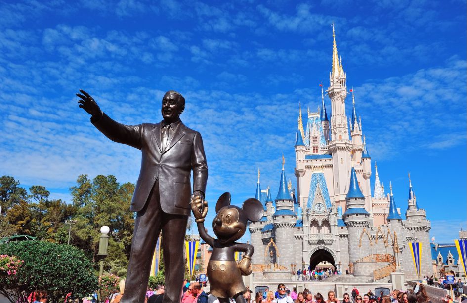 Photo of Walt Disney with Mickey Mouse in front of Cinderella's castle at the Magic Kingdom theme park in Orlando
