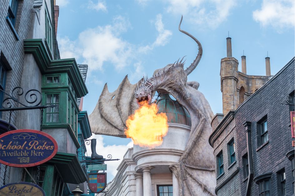 Photo of the Diagon Alley area and the dragon on the roof of the bank from the world of Harry Potter in the Universal Studios park in Orlando — American Butler