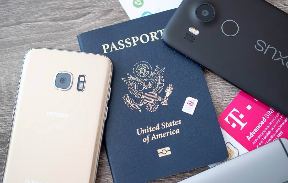 How much is mobile network and Internet in the USA — photos of mobile phones and SIM cards with an American passport — American Butler